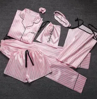 Jrmissli منامة النساء 7 أجزاء منامة الوردي مجموعات الحرير الحرير جنسي الملابس الداخلية الرئيسية ارتداء ملابس خاصة منامة مجموعة بيما امرأة