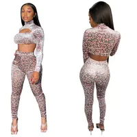 Women's Tracksuits Party Club Workout Two Piece Sets Women Casual Sexy Leopard Print Long Sleeve Turtleneck Crop Pants Tops Suit Street Trac