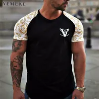 YEMEKE BRADE F-рубашки Летний с коротким рукавом O-шеей полоса напечатана Свободная стройная футболка Мужские топы Tee 210716