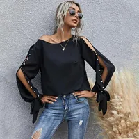 Foridol Uzun Kollu Yan Yarık Inci Bluz Tops Kadın Bahar Sonbahar Rahat Gevşek Siyah Ilmek 2021 kadın Bluzlar Gömlek