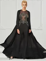 2021 Femmes Noir Perles Robe de soirée officielle Appliques solides Jumpsuits de mousseline de mousseline de soie Mère sans manches de robes de mariée avec veste