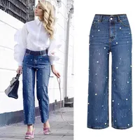 Sherhure 2019 джинсы женские джинсы высокая талия жемчужина бисером широкой ноги прямые женщины джинсы джинсовые брюки Pantalon Femme H0908