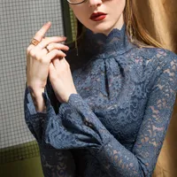 Office Ladies Blouses 2021 Autumn Lace Tops Turtleneck Sleeve Sexy Hollow Out شفاف 7 ألوان أنيقة أنيقة من القمصان النسائية