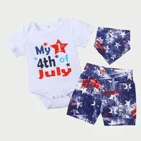 Roupas Conjuntos de roupas da criança Independence Day Outfit, carta Imprimir mangas curtas Romper + Star Shorts Bib Terno para meninas, meninos