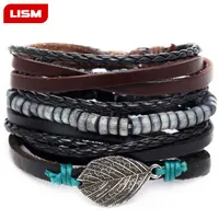 Tibet Stone Feather Multilayer Leather Bracelet Eye Fish Charms Beads For Men Vintage Punk Wrap Wristband Bangle