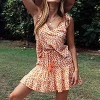 Pezzo set da donna arancione stampa floreale stampa estate cinghie pieghettata mini Boho Gypsy Beach 2021 abiti casual