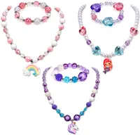 3 Sets Girl Princess Necklace Bracelet, with Colorful Unicorn Mermaid Rainbow Pendant, Kids Jewelry Gift Party Favors Dress up Jewelry for Little Girl Toddler