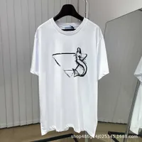 Erkek T-Shirt P Aile Gevşek Beyaz T-Shirt Üçgen Karikatür Mermaid Mektup Baskı Yuvarlak Boyun Saf Pamuk Kısa Kollu