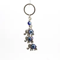 Three Lucky Elefante Azul Mal Eye Beads Keychain Antique Prata Banhado Liga de Zinco Keyring