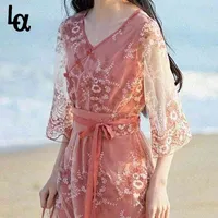Tatlı Zarif Elbise Kadın V Yaka Vingate Çiçek Parti Akşam Kız Kore Tarzı Bandaj Tasarım Yaz 210519