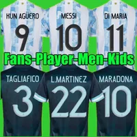 Argentina Jersey de futebol fãs e jogador versão 2021 Copa America Messis Dybala Aguero Maradona Camisa de futebol 20 21 homens Crianças definem uniforme com meias