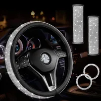 Universal Car Bling Steering Wheels Cover Kits 15Inch Crystal Diamond Covers For Auto Leather Steering Wheel Case Seat Belt Cover/Diamonds Ring Emblem