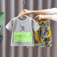 Летние детские мальчики одежда мультфильм с коротким рукавом камуфляжные брюки наборы малыша младенцев 1 2 3 4 5 лет детская одежда G220310