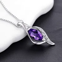 Sterling Silver Halsband Kvinnor Zircon 18inches Box Chain Clavicle Purple Tear Drop Pendant Platinum Plated