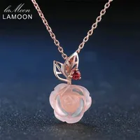 LAMOON Rose Flower 925 Sterling Silver Necklace Rose Quartz Gemstone Necklaces 18K Rose Gold Plated Fine Jewelry LMNI025 220212