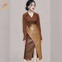 Рабочие платья Smthma Осенний темперамент с длинным рукавом Сплошная рубашка + высокая талия контрастный цвет асимметричная кожаная юбка из двух частей