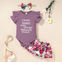 kids Clothing Sets Girls outfits infant flying sleeve letter Romper Tops+flower floral print skirts+Bow Headband 3pcs set summer fashion Boutique baby clothes Z5796
