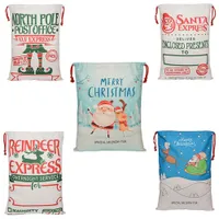 Julklappspåsar Linen Kanvas Bomullväska Santa Sack Xmas Reindeer Drawstring Pocket Printed Bag se på 5 stilar DHL Shipping