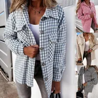Women's Wool & Blends European And American Style Fall winter Houndstooth Print Woolen Coat Large Size Loose