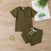Clothing Sets #VW Solid Color Button Stripe Tops+Shorts Summer O-Neck T-shirt Casual Set Baby Boys Girls Short Sleeve Outfits Ropa