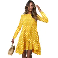 Женщины осеннее платье мода в горошек точка шифоновое платье с длинным рукавом o шеи рашла женское случачное желтое платье ретро vestido mujer 210426