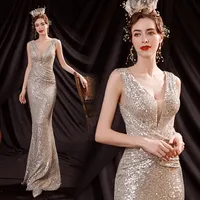 Major Beading Gold Mermaid Evening Dresses Crystal Sequins Pearls Sheath Column Deep V Neck Bling Floor-Length Party Dress