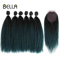 Bella Synthetic Hair Bundles Afro Kinky Straight Fake Hair Weaves Hair Extensions For Women 6 Bundles With Closure Ombre Blue H220429