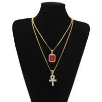 Ägyptischer Ankh Key of Life Bling -Strasskreuz Anhänger mit roter Rubin -Anhänger Halskette Set Männer Hip Hop Jewelry268H