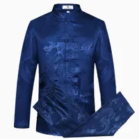 Azul azul chino hombre traje tang traje conjuntos de manga larga Pantalones de manga larga dragón de alta calidad de seda wu shu tai chi camisas casuales