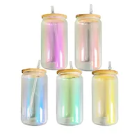 16oz Sublimation Glitter Glass Cups Mug Rainbow Jar Frosted Beer Can Tumbler iridescent Drinking Cup Holographic Color With Bamboo Lids And Plastic Straws