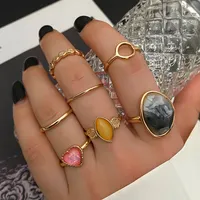 Gold Silver Color Metal Ring Juego para mujeres Corazón Irregular Piedra negra Anillo vintage geométrico 2022 Joyería de moda de tendencia