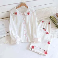 Japanese And Autumn New Ladies Pyjamas Long Sleeve Pants 2 Piece Cute Doll Collar 100 Cotton Crepe home Service Suit J220730