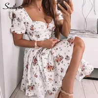 Southpire Bohe Çiçek Baskı Beyaz Dresler Kısa Puf Kılıf Fermuarı Mini Sundress Zarif Yaz Elbise Bayan Giyim 220617