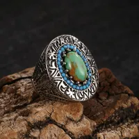 Cluster Rings Bohemian Green Stone Pattern Engraved Mens Ring For Vintage Viking Christmas Party Wedding Gift Jewelry Set Anillos
