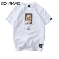 Gonthwid Erkek Bakire Mary Baskılı Kısa Kollu T Shirt Yaz Rahat Pamuk Hip Hopo Tops Tees Moda Streetwear Tişörtleri 220420