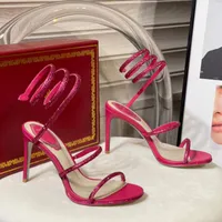 Nieuwe Cleo Crystals Decoratieve stiletto -sandalen 95 mm Rhinestone Ring Dress Shoes Fashion Red Silver Evening Dames High Heel Luxury Designer Factory Shoe 43