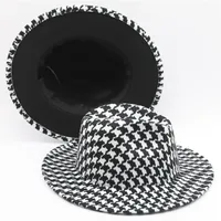Houndstooth Print Fedora Hat with Black Bottom Men Big Brim Outdoor Trend Hat Panama Womens Jazz Top Hat for Party Wedding