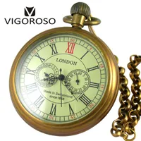 Vigoroso Collectible Antique Old Copper Mechanical Pocket Watch FOB Chain Hand Winding Roman Normals 1224 Hours Vintage Clock 220718