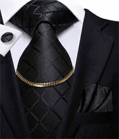 Hi-Tie Business Black Luxury Plaid Mens Tie Silk Nickties Fashion Tie Kedja Hanky ​​Manschettknappar Set Design Gift för män Bröllop Y220329