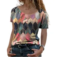 نمط هندسي قصير النساء قميص ربيع صيف قمم oneck طباعة tshirt عرضية فضفاضة طويلة الأكمام تي شيرت 220629