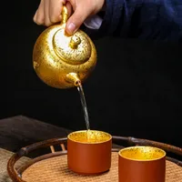 China Renyi Ceramics 999 Gold-Plating Tea Set Gilling Office Home Cups Red Stoneware 1 TEAPOT 2 TEACUPS Högkvalitativ marknadsföring Present Drinkware