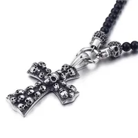 Fashion Punk Rock Black Glass Perlen Schädel Anhänger Halskette für Männer Frauen Edelstahlkreuz Halskette Anhänger 50 cm lang Juwel244c