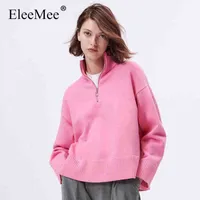 ELEEMEE Women Sticked tröja halv blixtlås Casual Pink Hoodies 2022 Ny Spring Pullover Stylish Fashion Bluses Size S-L T220726
