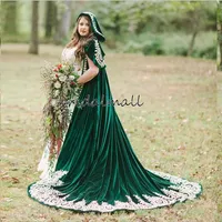 Winter Dark Green Velvet Wedding Cloak With Hood Lace Appliques Long Bridal Cape Bolero Wrap Wedding Accessories199l