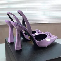 Son moda pembe patent deri yüksek topuklu ayakkabılar sivri dekoratif pompa 11cm elbise yemek ayakkabıları lüks tasarımcı sandalet