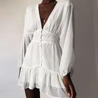 Casual Dresses Sexy Plunge V Neck Women's Summer Dress White Lace Long Sleeve Elegant Mini Beach Wedding Party Women Ruffle Robe 2022