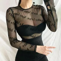Women's T-Shirt Personality Letter Printing Thin Section Perspective Shirt Female Nightclub Club Mesh Sexy Street