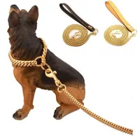 Stainless Steel Pet Gold Chain Dog Leashes Leather Handle Portable Leash Rope Straps Puppy Dog Cat Training Slip Collar Supplies11200l