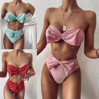 Dames badmode fluwelen roze boog biquini hoge taille bikini 2022 zwempakken bandeau dames glanzende massieve strapless zwembaden badpak