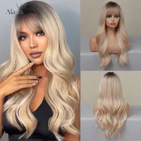 Synthetic Wigs ALAN EATON Long Loose Wave Black Brown Blonde With Full Bangs Heat Resistant For African American Women